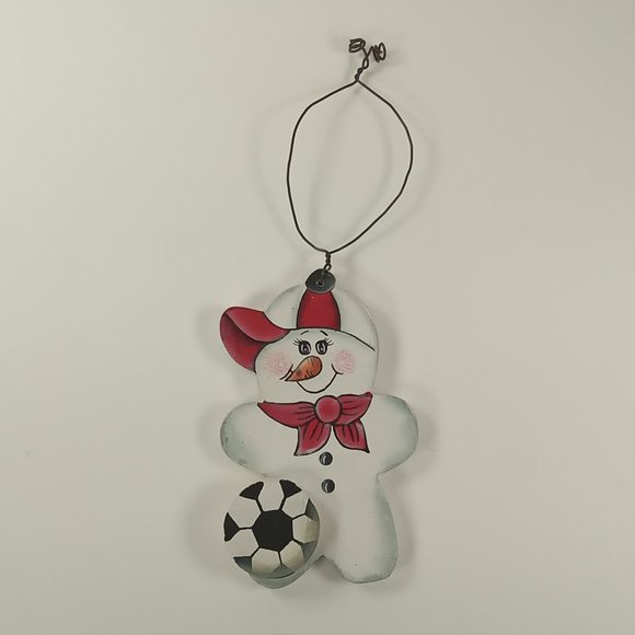 Soccer Sports Snowman Country Christmas Rustic Wooden 3.75" Holiday Ornament - Picture 1 of 3